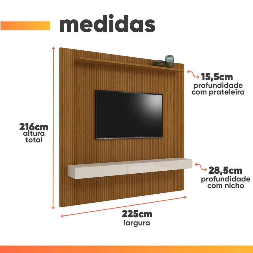 Painel Para Tv Até 75 Polegadas Ripado Impressão 3d Egeo Com Nicho 2,25m Cedro Off White Edn - imagem 3