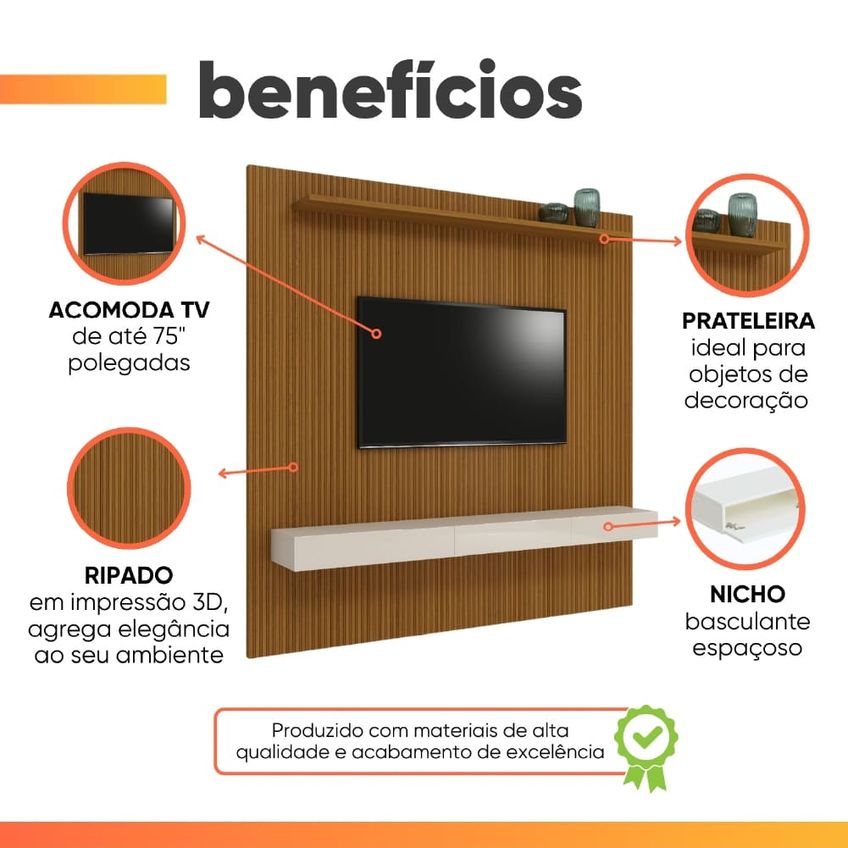 Painel Para Tv Até 75 Polegadas Ripado Impressão 3d Egeo Com Nicho 2,25m Cedro Off White Edn - imagem 4