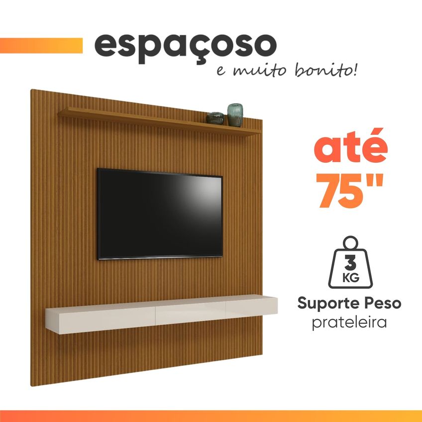 Painel Para Tv Até 75 Polegadas Ripado Impressão 3d Egeo Com Nicho 2,25m Cedro Off White Edn - imagem 5