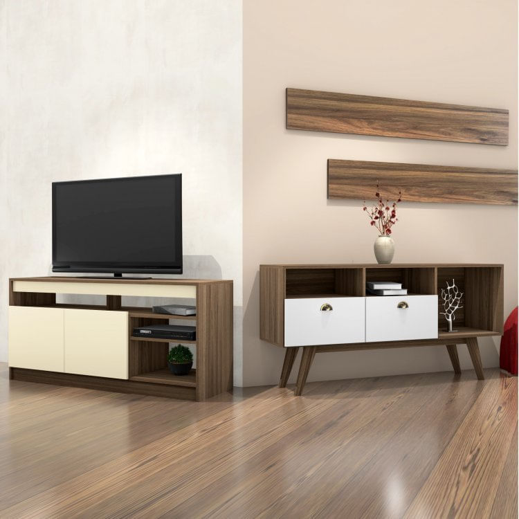 Conjunto Rack para TV até 48 Polegadas 2 Portas e Rack para TV até 65 Polegadas 2 Portas Estilare Madeirado/Off White