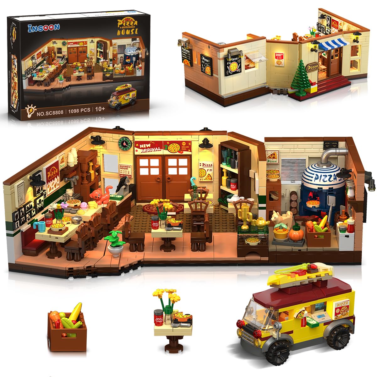 Conjunto De Blocos De Construção Insoon City Street Pizzaria Restaurant, 1098 Unidades