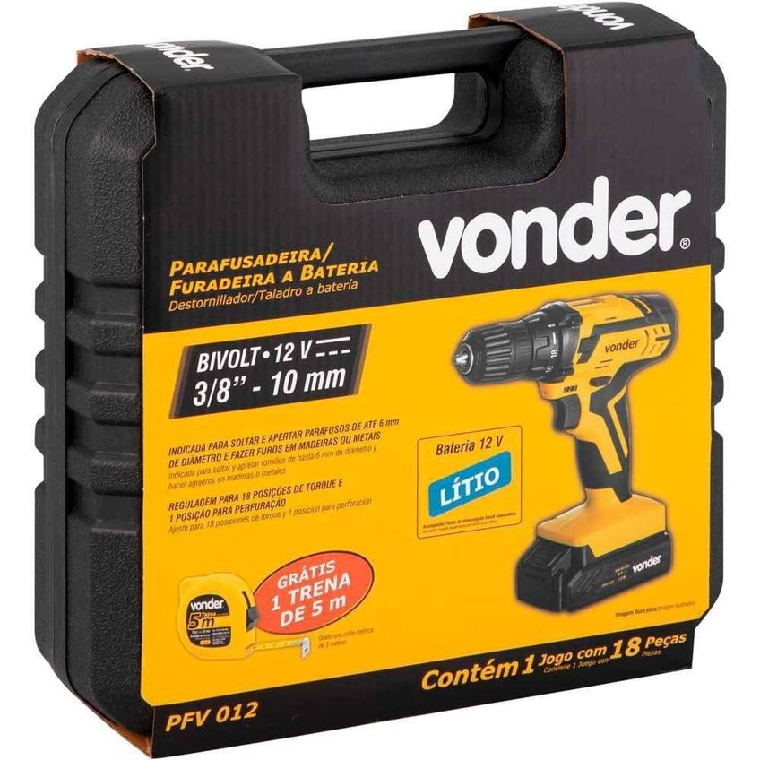 Furadeira E Parafusadeira À Bateria 12v Bivolt Pfv 012 Com Kit De Brocas E Bits Vonder Bivolt - imagem 5