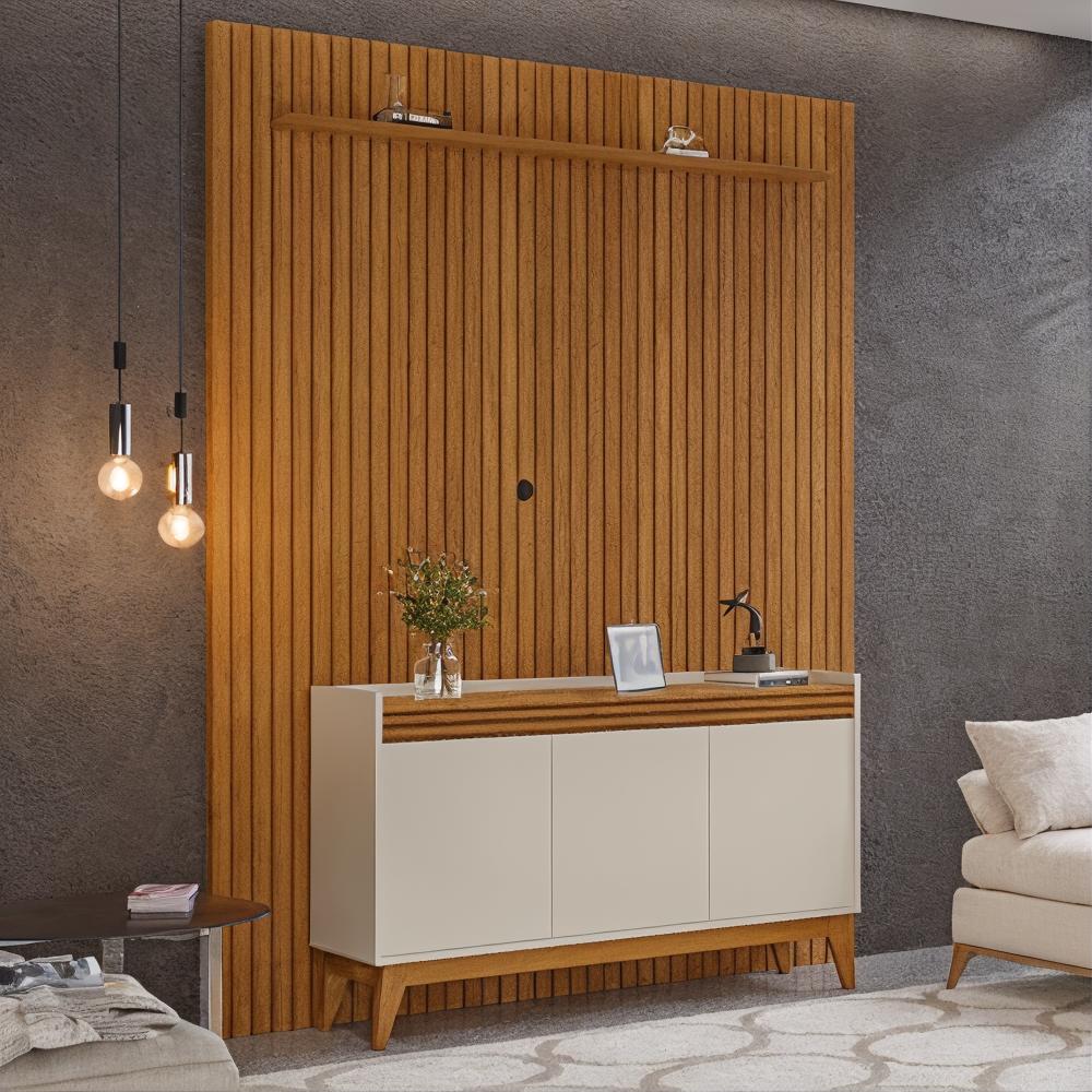Painel Ripado 184cm Com Buffet Ripado 3 Portas 136cm - Off White E Cedro