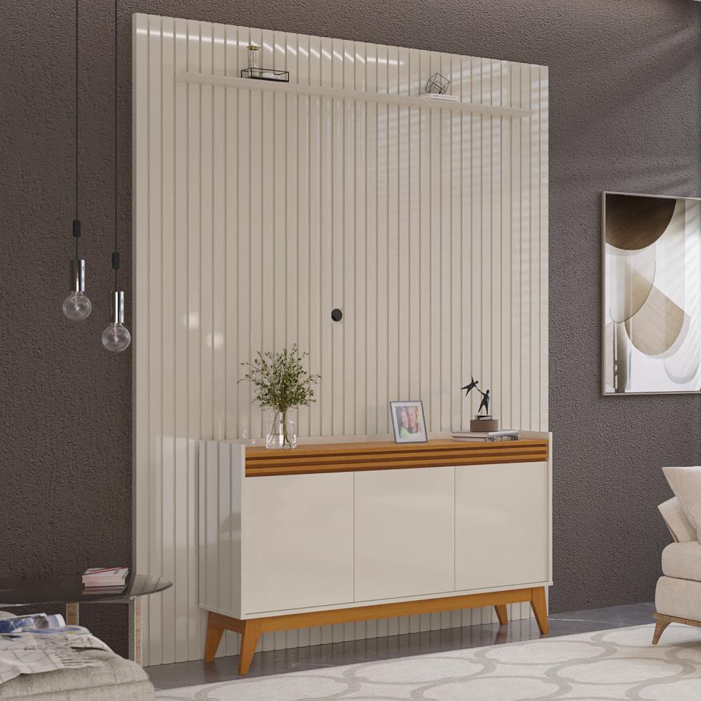 Painel Ripado 184cm Com Buffet Ripado 3 Portas 136cm - Off White