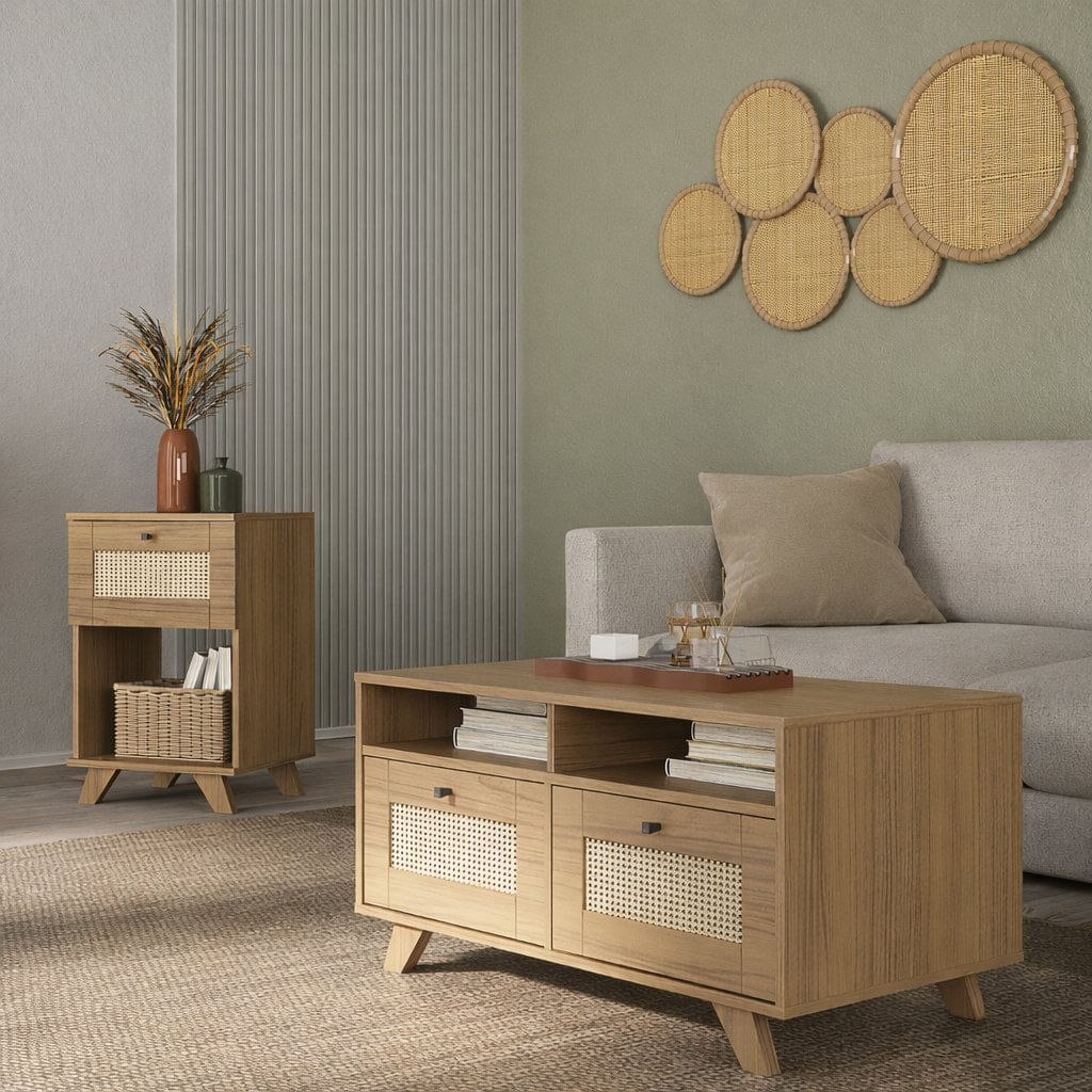 Conjunto Salar De Estar Mesa De Apoio E Mesa De Centro Amplo Espaço Para Objetos Trama Carvalho