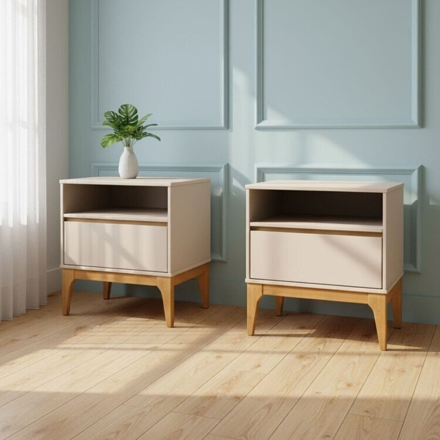 Kit Com 2 Mesas De Cabeceira 2 Gavetas 2 Nichos Bento Yescasa Cappuccino/amêndoa