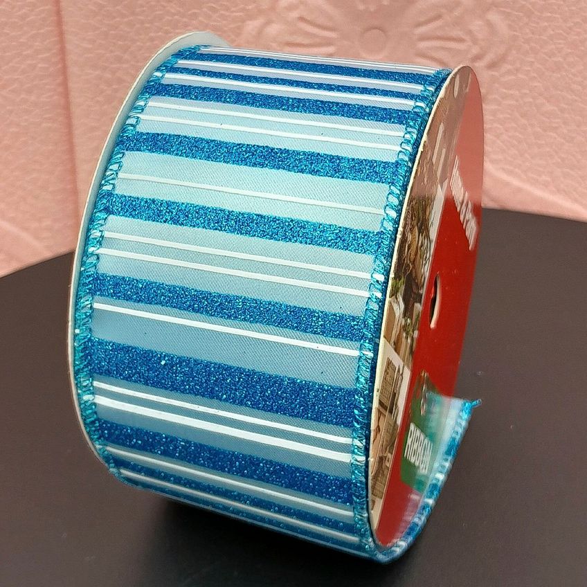 Rolos Fita Aramada Natalina Listrada Azul 6,3cm 9m Kit 2pçs - imagem 3
