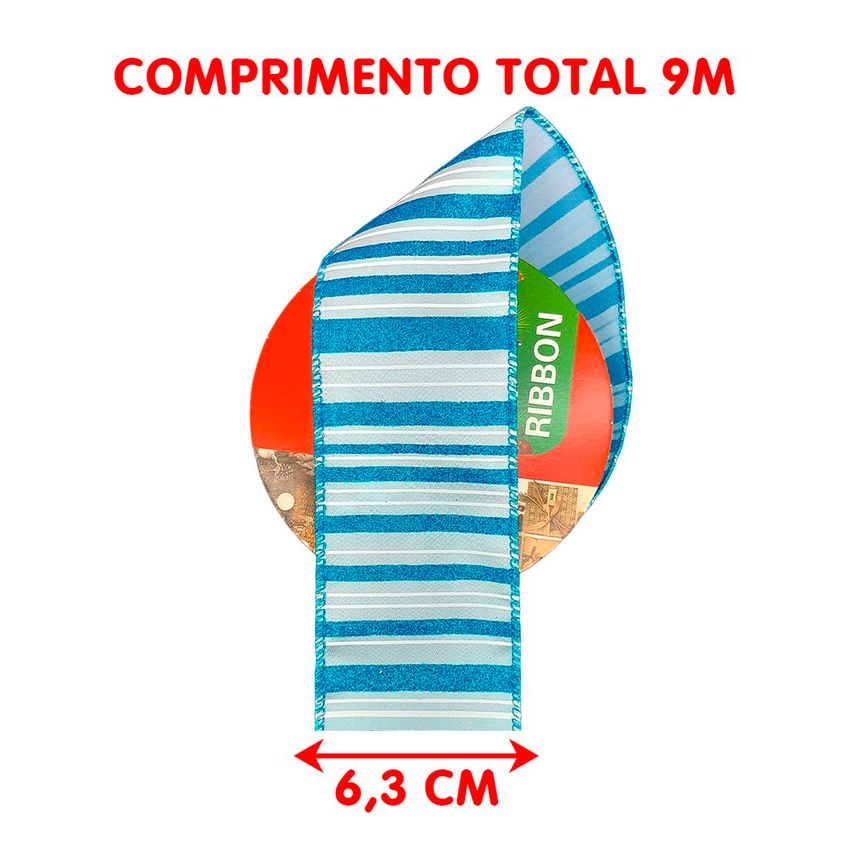 Rolos Fita Aramada Natalina Listrada Azul 6,3cm 9m Kit 2pçs - imagem 4