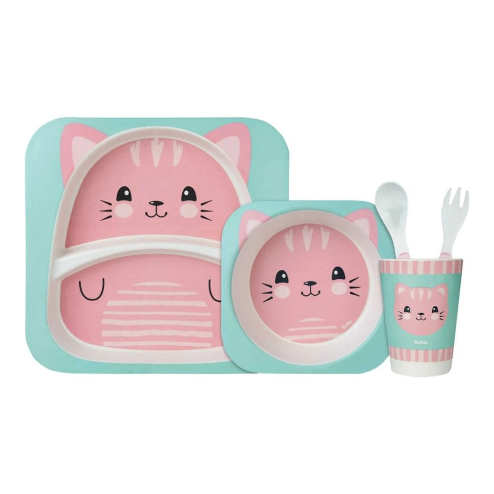 Kit Refeicao Infantil Bambu Gatinho Rosa Buba 13209