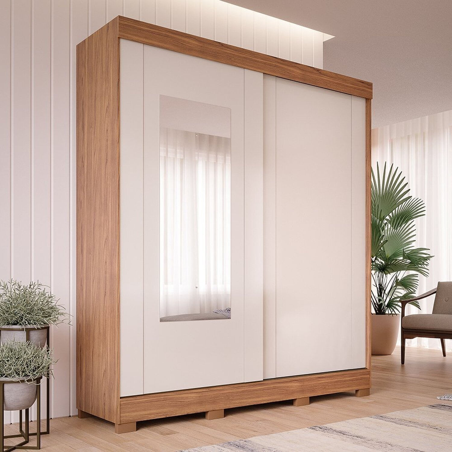 Guarda-roupa 100% Mdf 2 Portas De Correr Espelho 3 Gavetas Internas E 8 Pés Bonito Espresso Móveis Cinamomo/off White