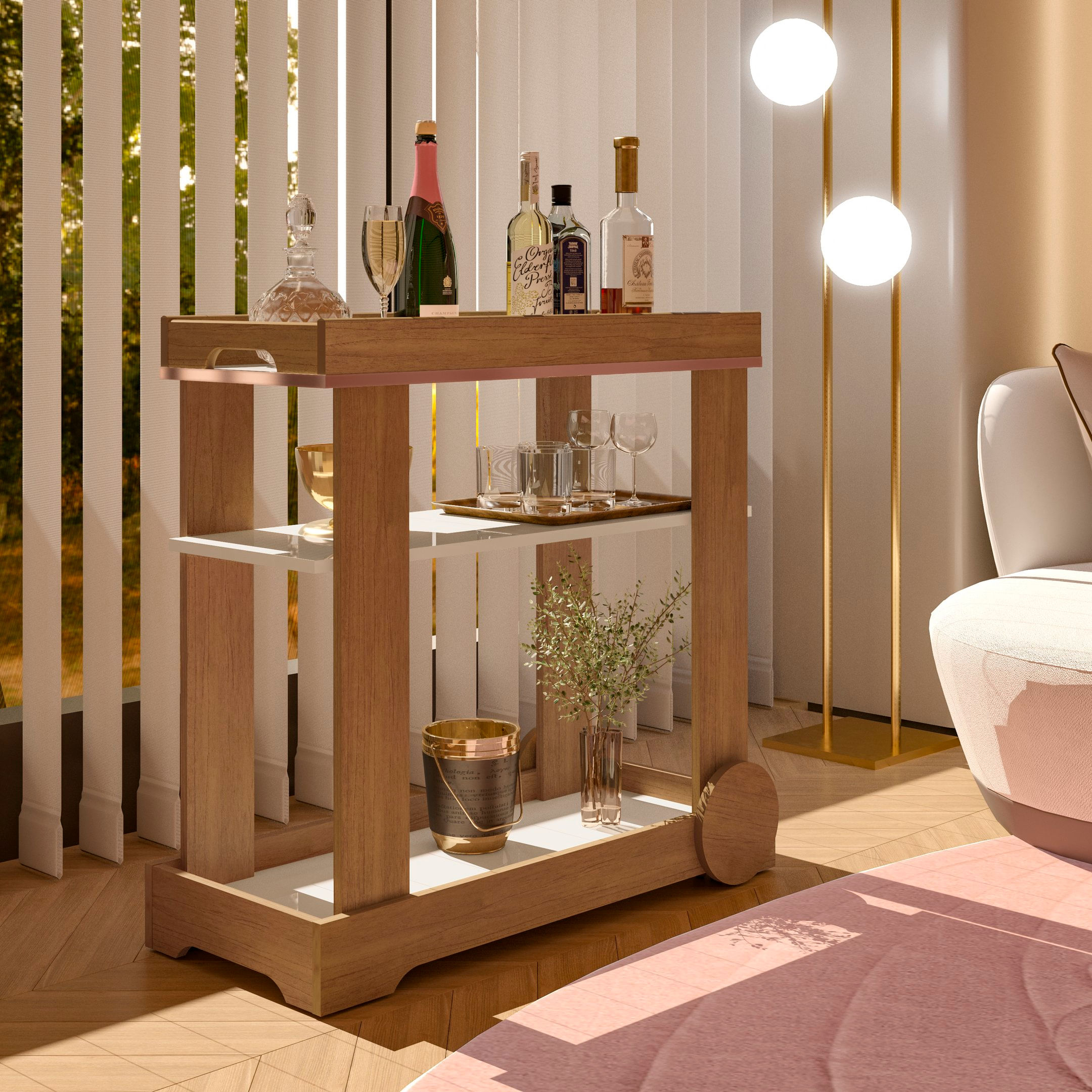 Carrinho Bar Com Rodizios Com Fita Metalizada Rodas Cinamomo/off White