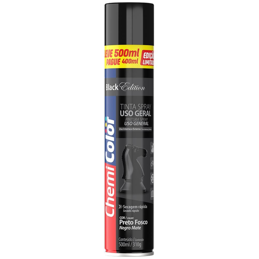Tinta Spray 500ml Uso Geral Preto Fosco - 0680636 - Chemicolor Chemicolor