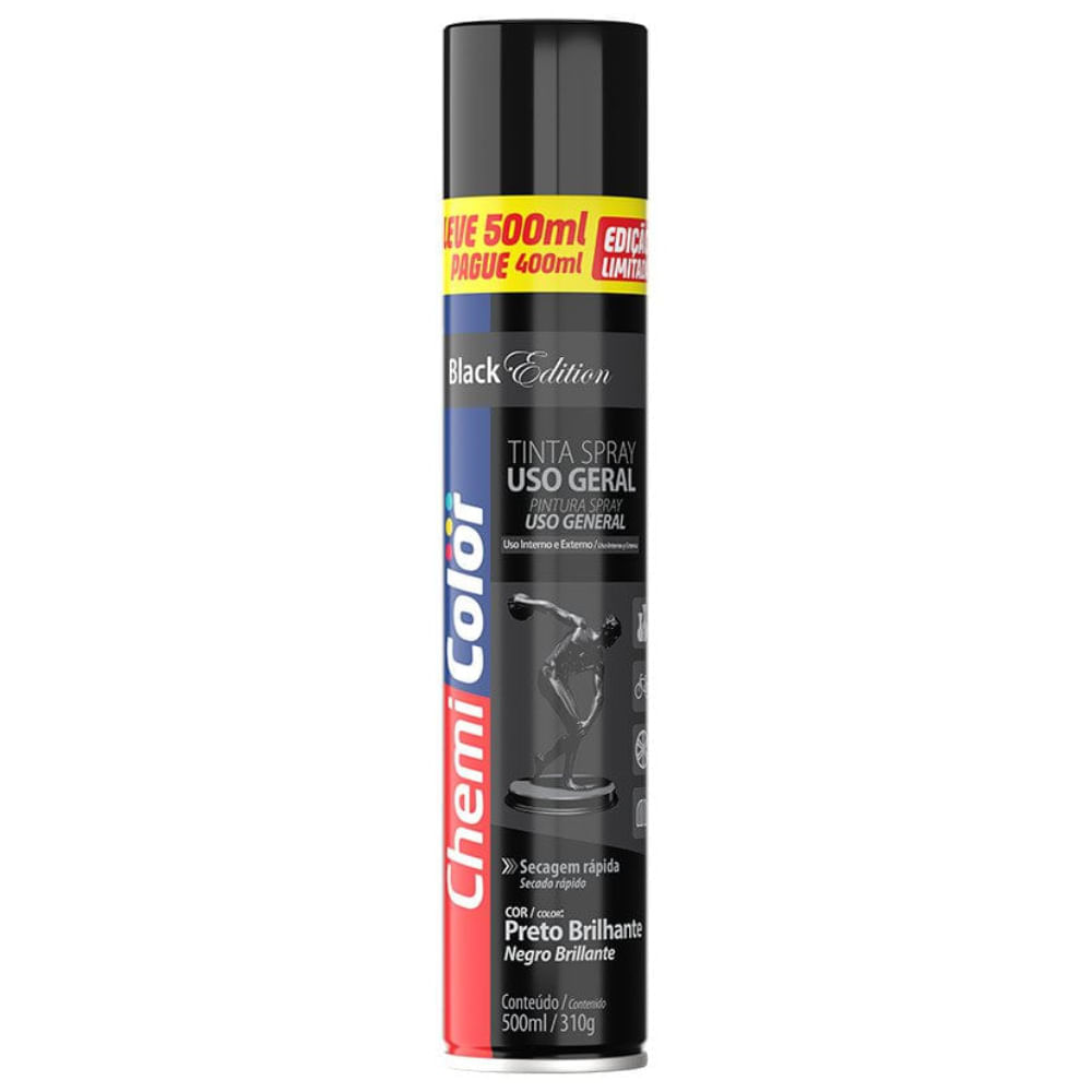 Tinta Spray 500ml Uso Geral Preto Brilhante - 0680635 - Chemicolor Chemicolor