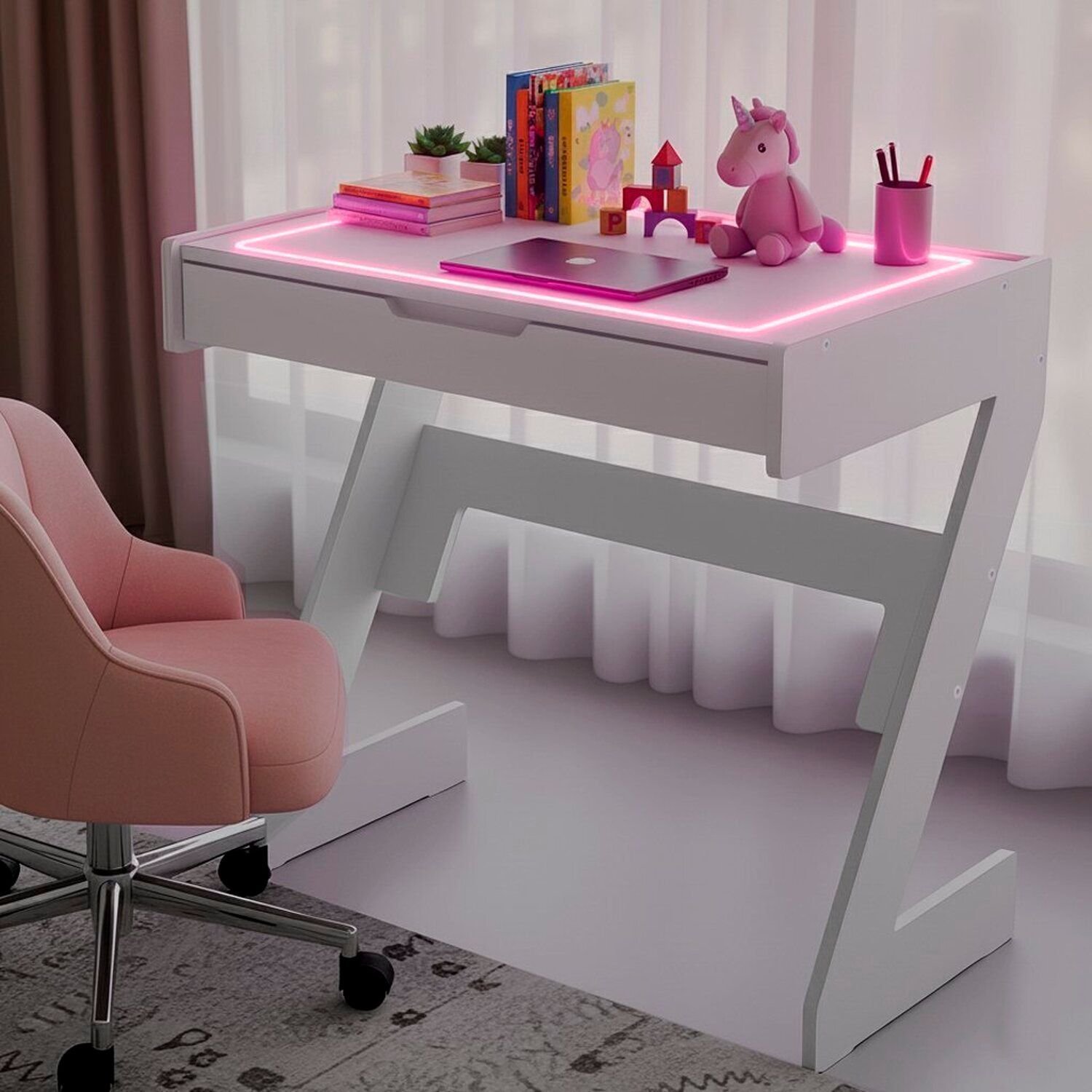 Escrivaninha Para Escritório Com Luz Rosa Neon Branco