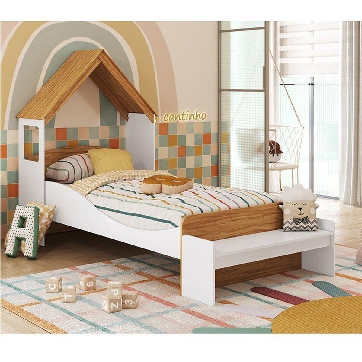 Cama Infantil Com Cabeceira Casinha E Banco Lola 100% Mdf Espresso Móveis Branco Brilho/amêndoa