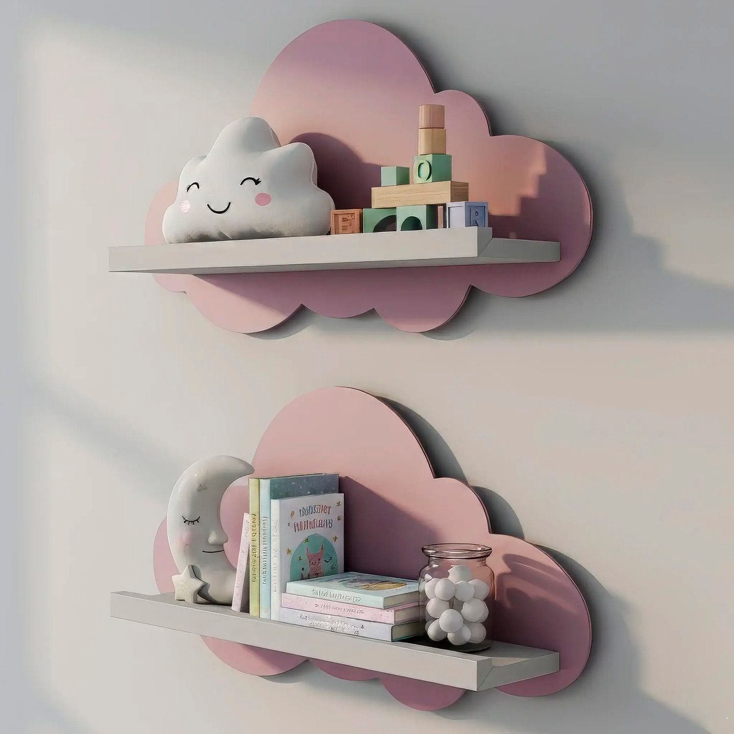 Kit 2 Prateleiras Para Quarto Infantil Nuvem Branco / Rosa