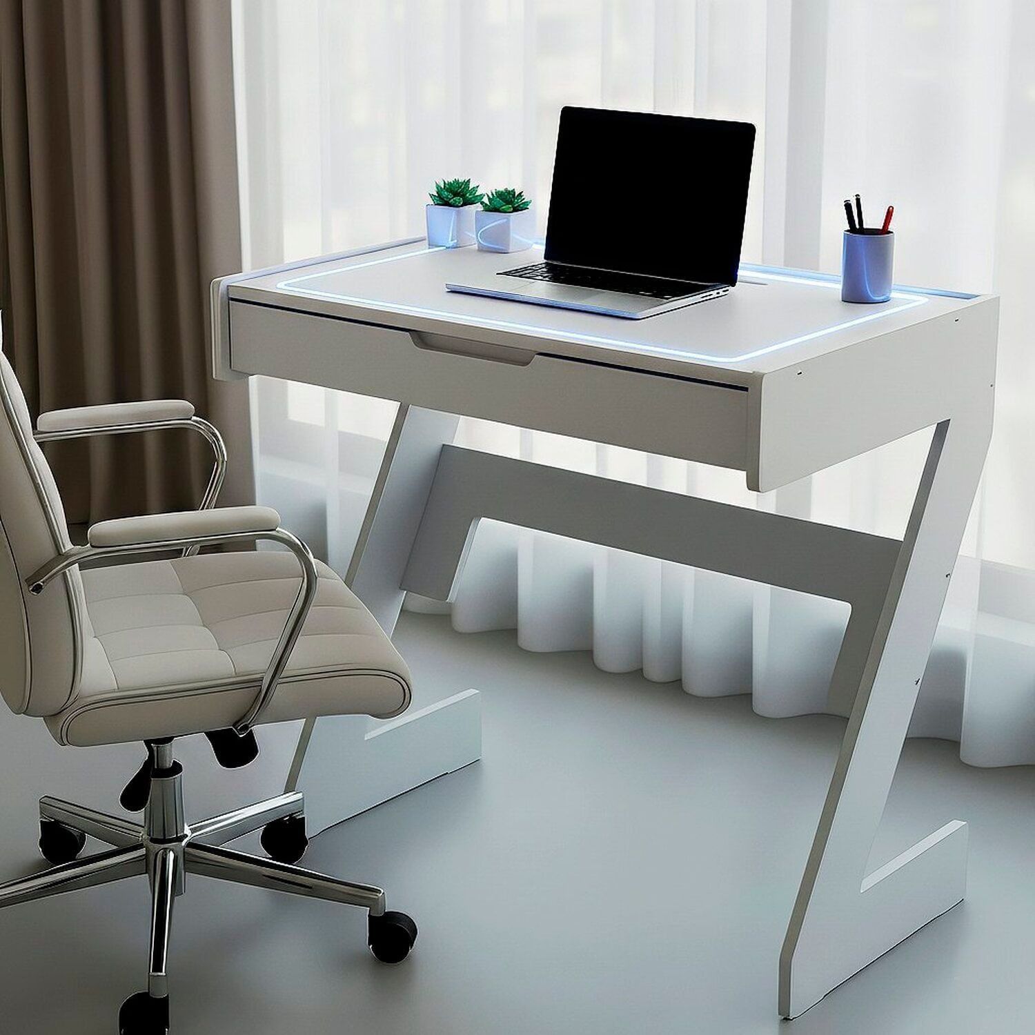 Escrivaninha Para Escritório Com Luz Azul Neon Branco