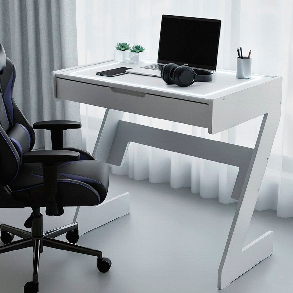 Escrivaninha Para Escritório Com Luz Neon Branco