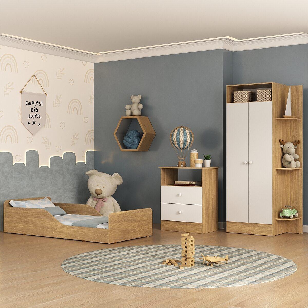 Quarto Infantil Completo Com Minicama Montessoriana Para Colchão 150x70cm Multimóveis Mp4681 Madeirado/branco