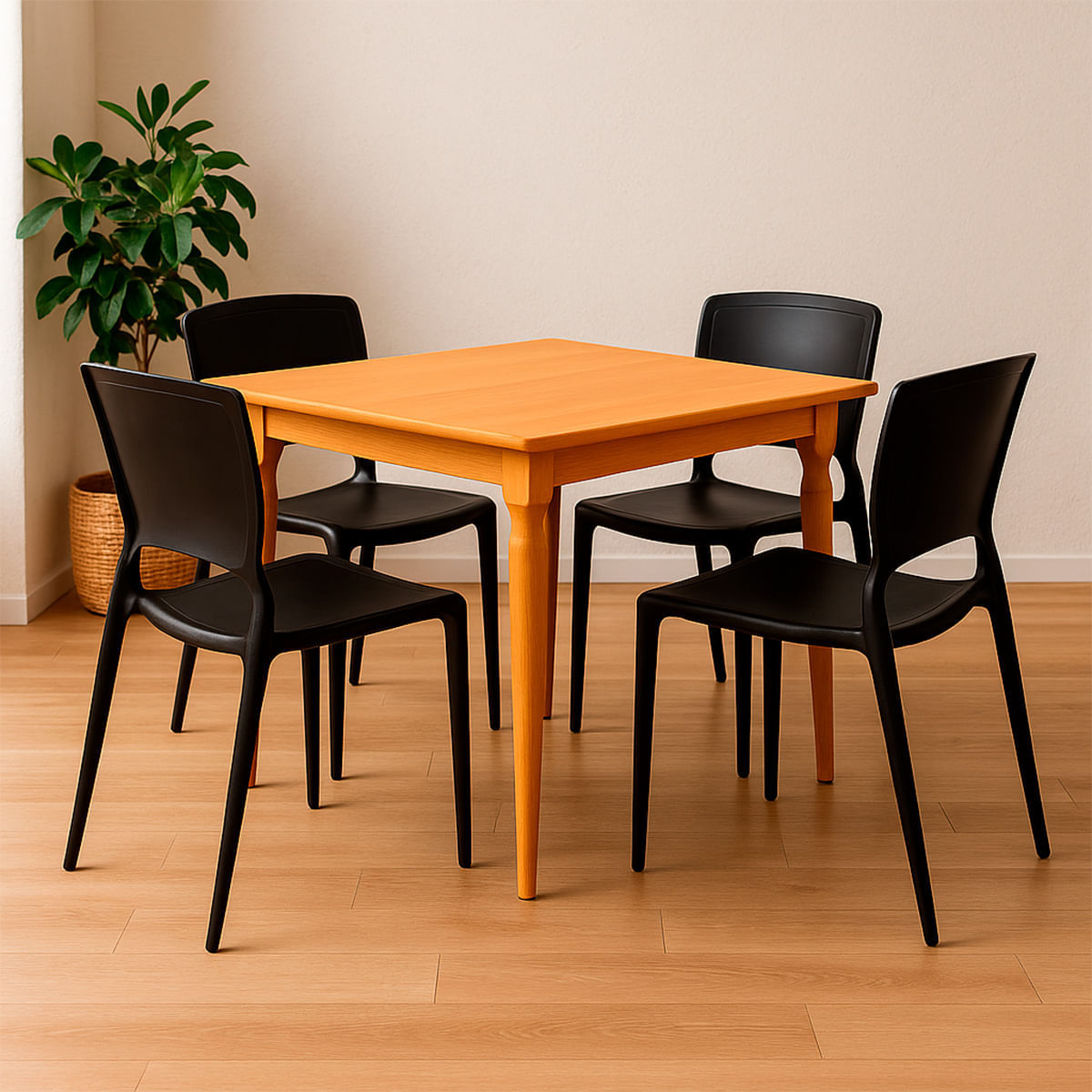 Kit 4 Cadeiras Tramontina Sofia Preta E Mesa De Madeira 80cm Natural Tramontina