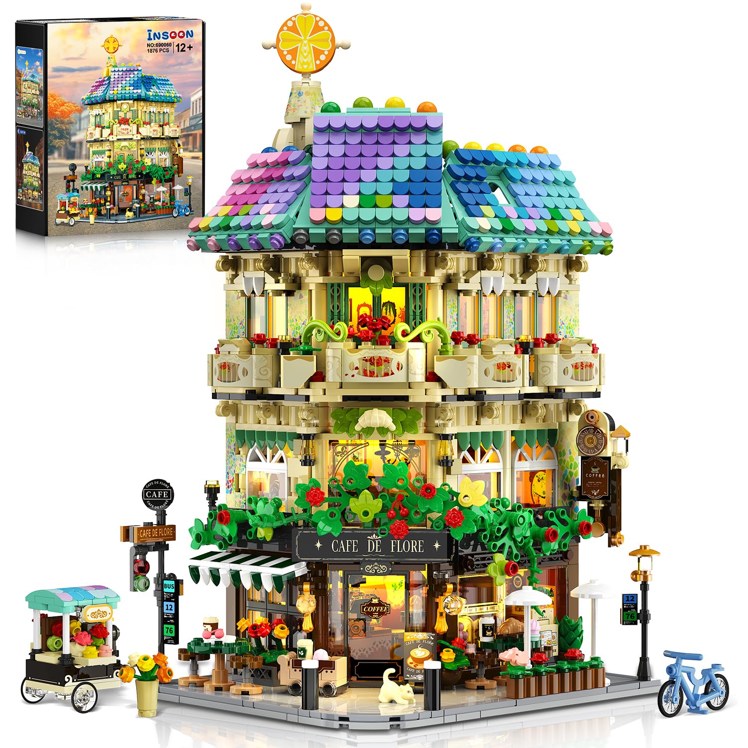 Conjunto De Blocos De Construção Insoon Flower Cafe House Com Luzes 1876 Unidades