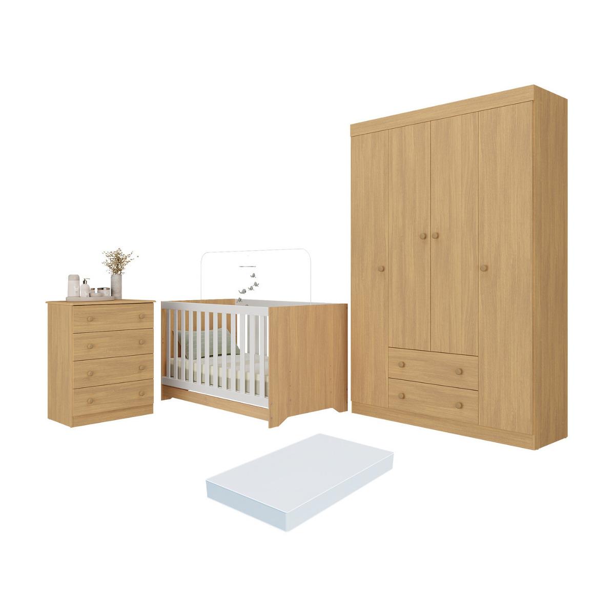 Quarto De Bebê Completo Berço Americano 3 Em 1 Colchão Encanto Multimóveis Mp4601 Madeirado