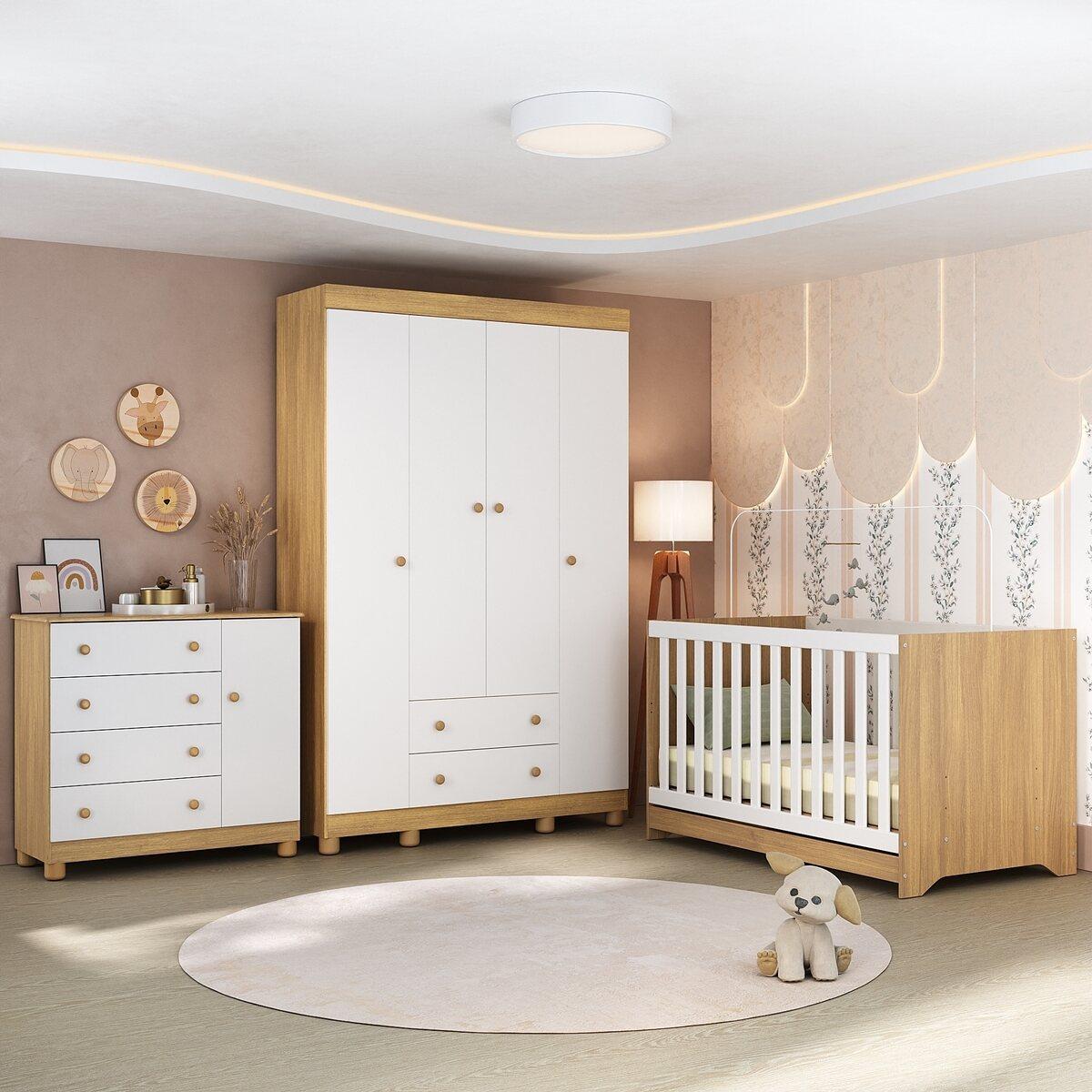 Quarto De Bebê Completo Com Berço Americano 3 Em 1 Allegra Multimóveis Mp4582 Madeirado/branco