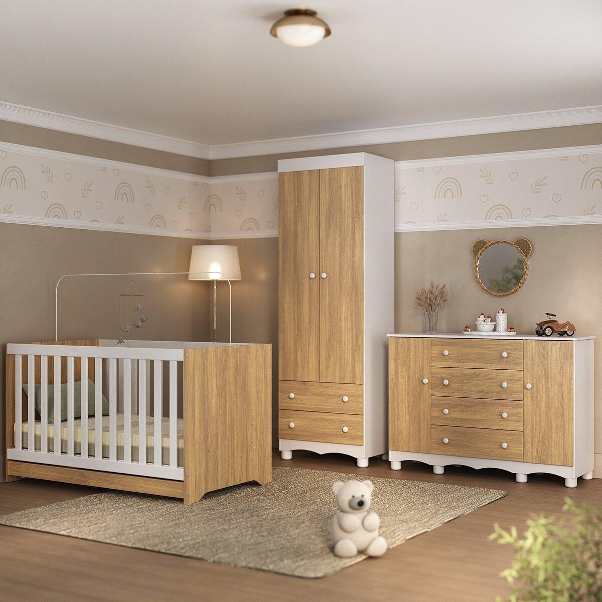 Quarto De Bebê Completo Com Berço Americano 3 Em 1 Dengo Multimóveis Mp4596 Branco/madeirado