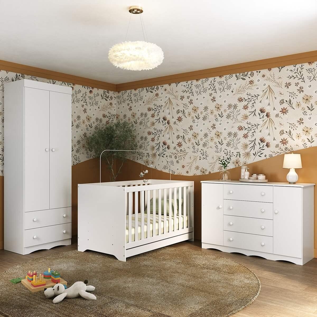 Quarto De Bebê Completo Com Berço Americano 3 Em 1 Realeza Multimóveis Mp4595 Branco