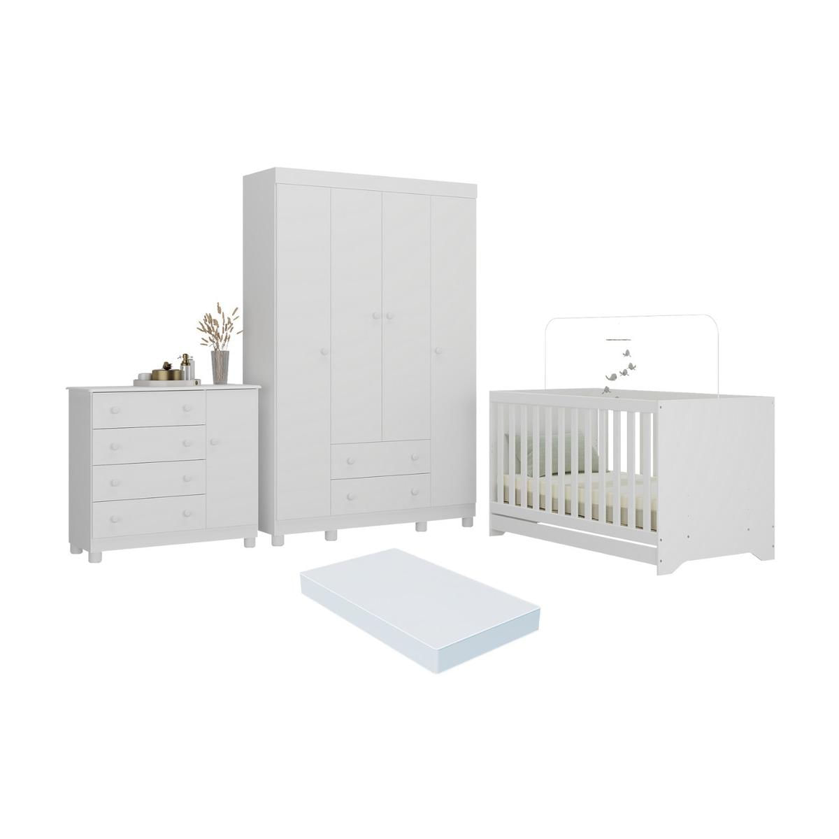 Quarto De Bebê Completo Berço Americano 3 Em 1 Colchão Allegra Multimóveis Mp4598 Branco