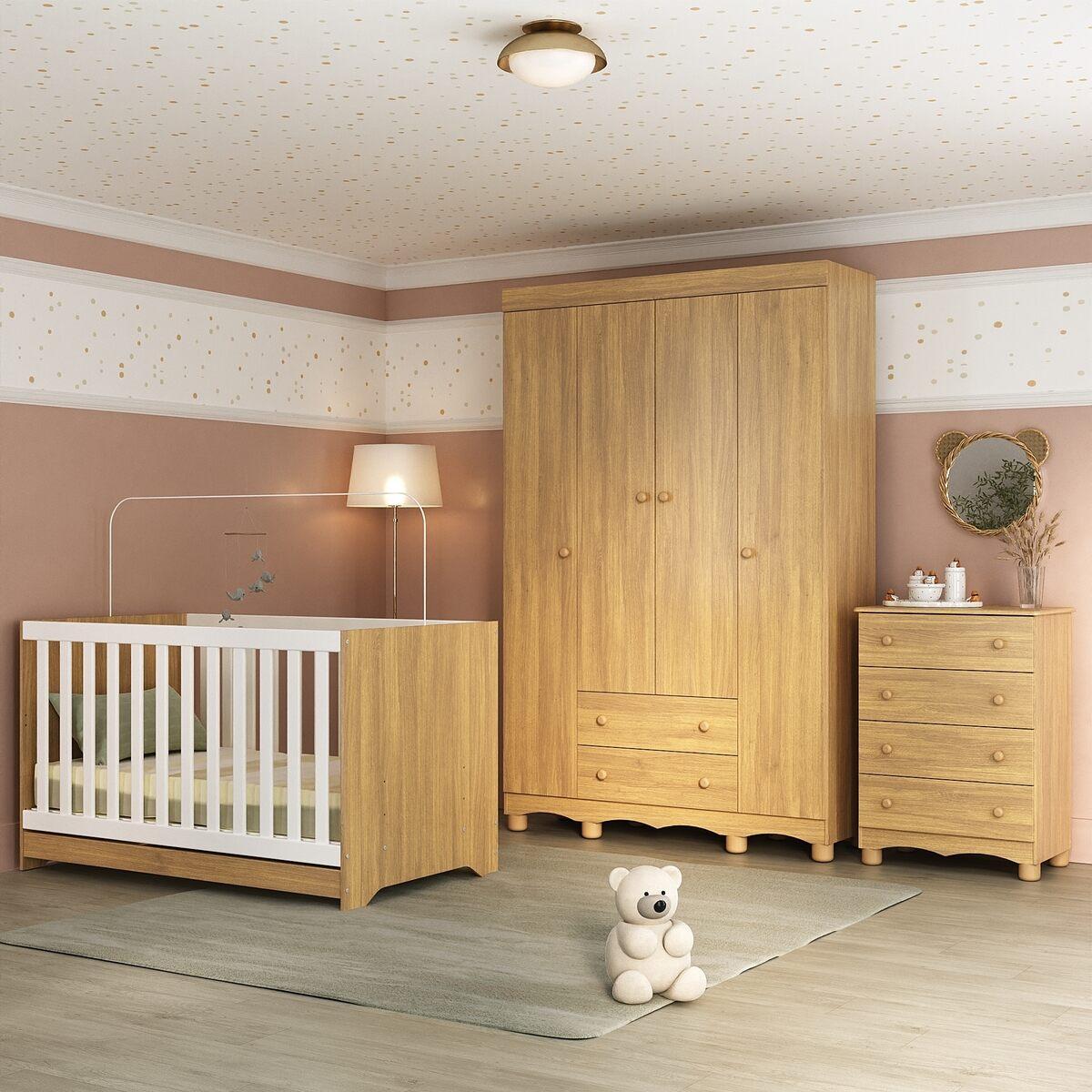 Quarto De Bebê Completo Com Berço Americano 3 Em 1 Dengo Multimóveis Mp4588 Madeirado