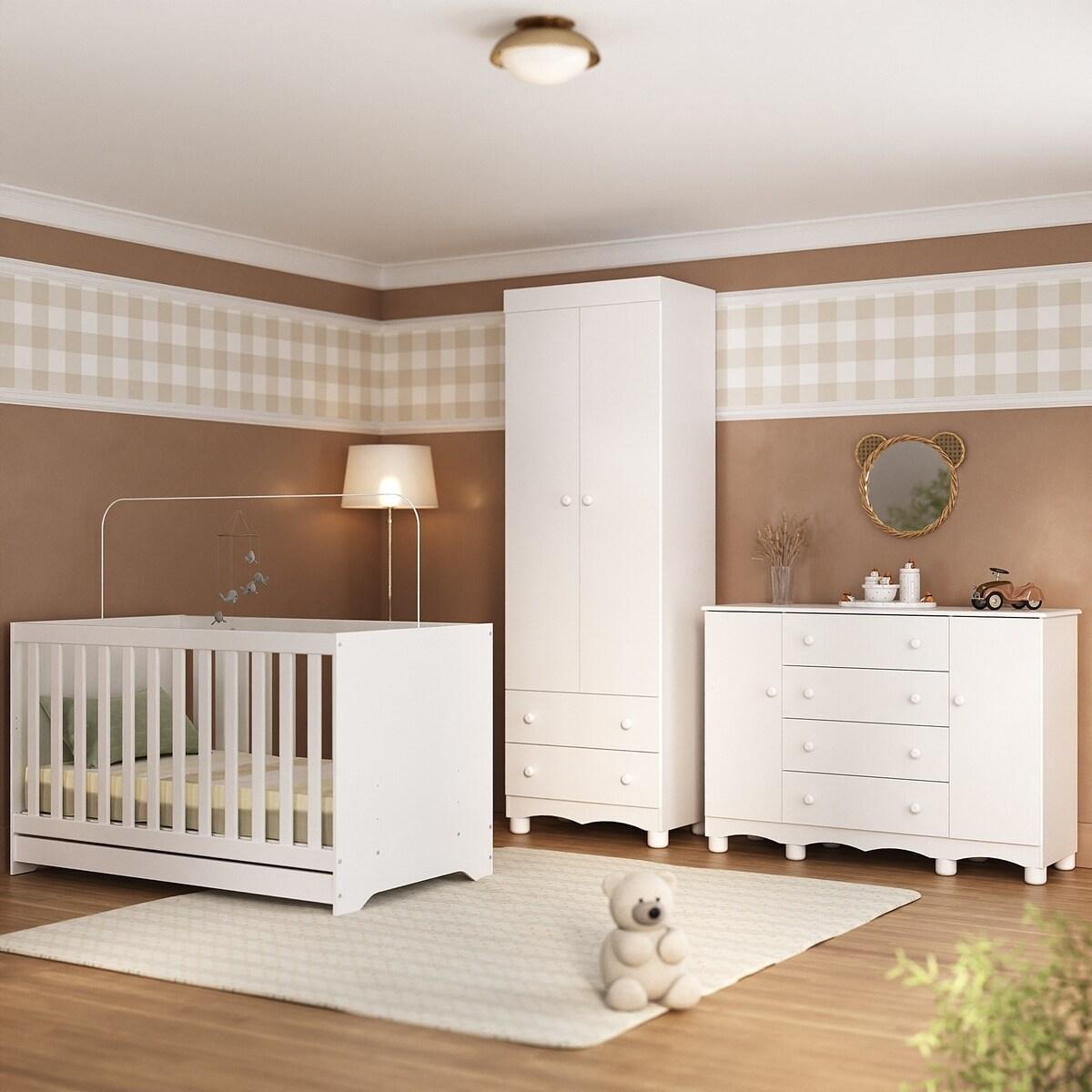 Quarto De Bebê Completo Com Berço Americano 3 Em 1 Dengo Multimóveis Mp4596 Branco