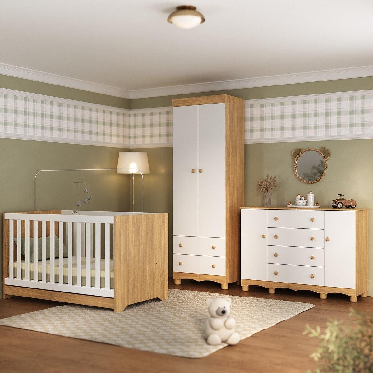 Quarto De Bebê Completo Com Berço Americano 3 Em 1 Dengo Multimóveis Mp4596 Madeirado/branco