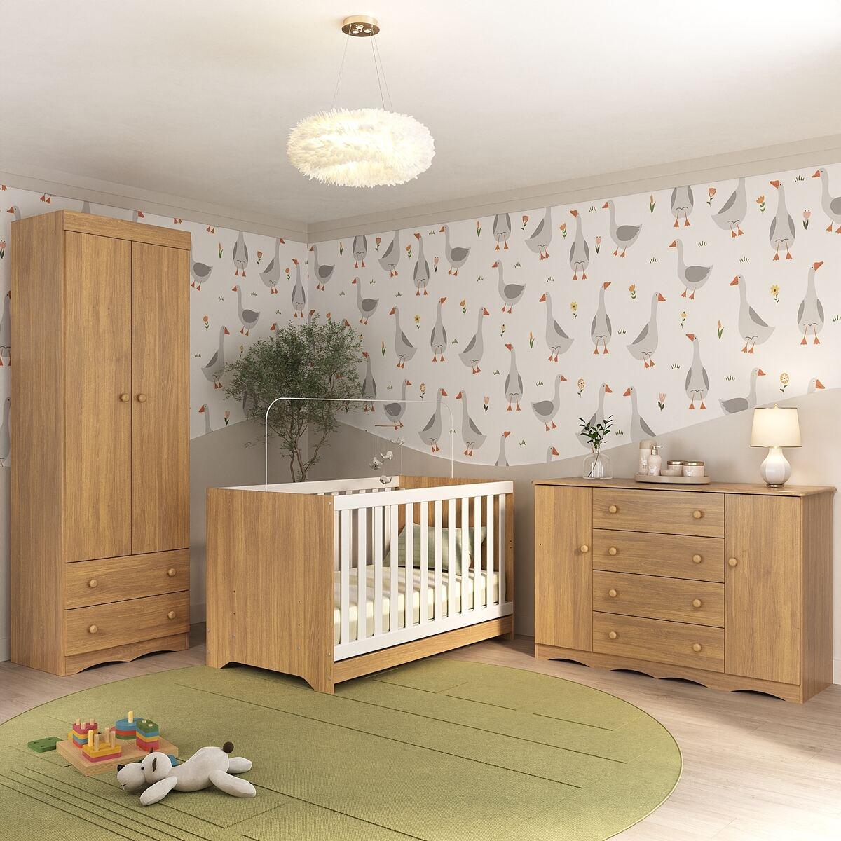 Quarto De Bebê Completo Com Berço Americano 3 Em 1 Realeza Multimóveis Mp4595 Madeirado