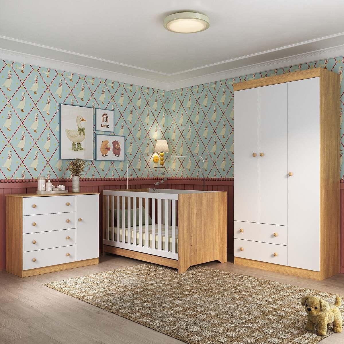 Quarto De Bebê Completo Com Berço Americano 3 Em 1 Encanto Multimóveis Mp4589 Madeirado/branco