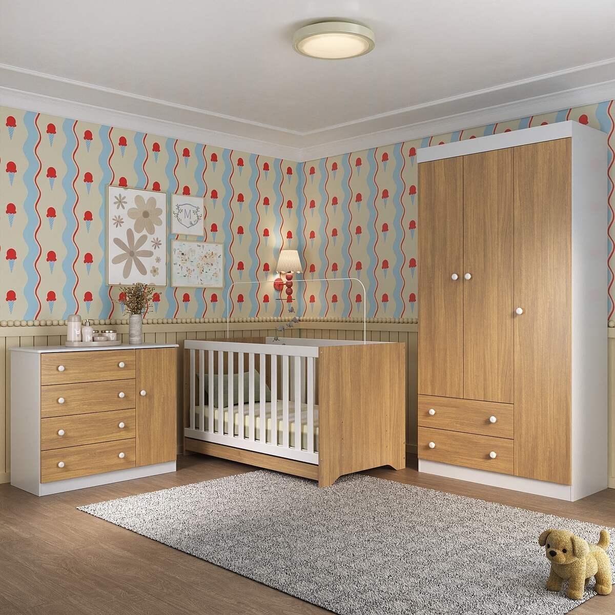 Quarto De Bebê Completo Com Berço Americano 3 Em 1 Encanto Multimóveis Mp4589 Branco/madeirado