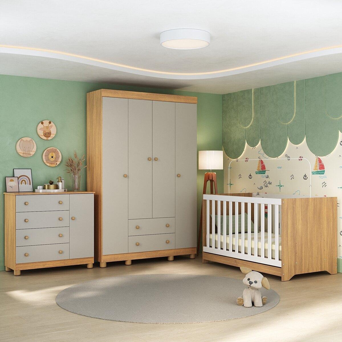 Quarto De Bebê Completo Com Berço Americano 3 Em 1 Allegra Multimóveis Mp4582 Madeirado/off White