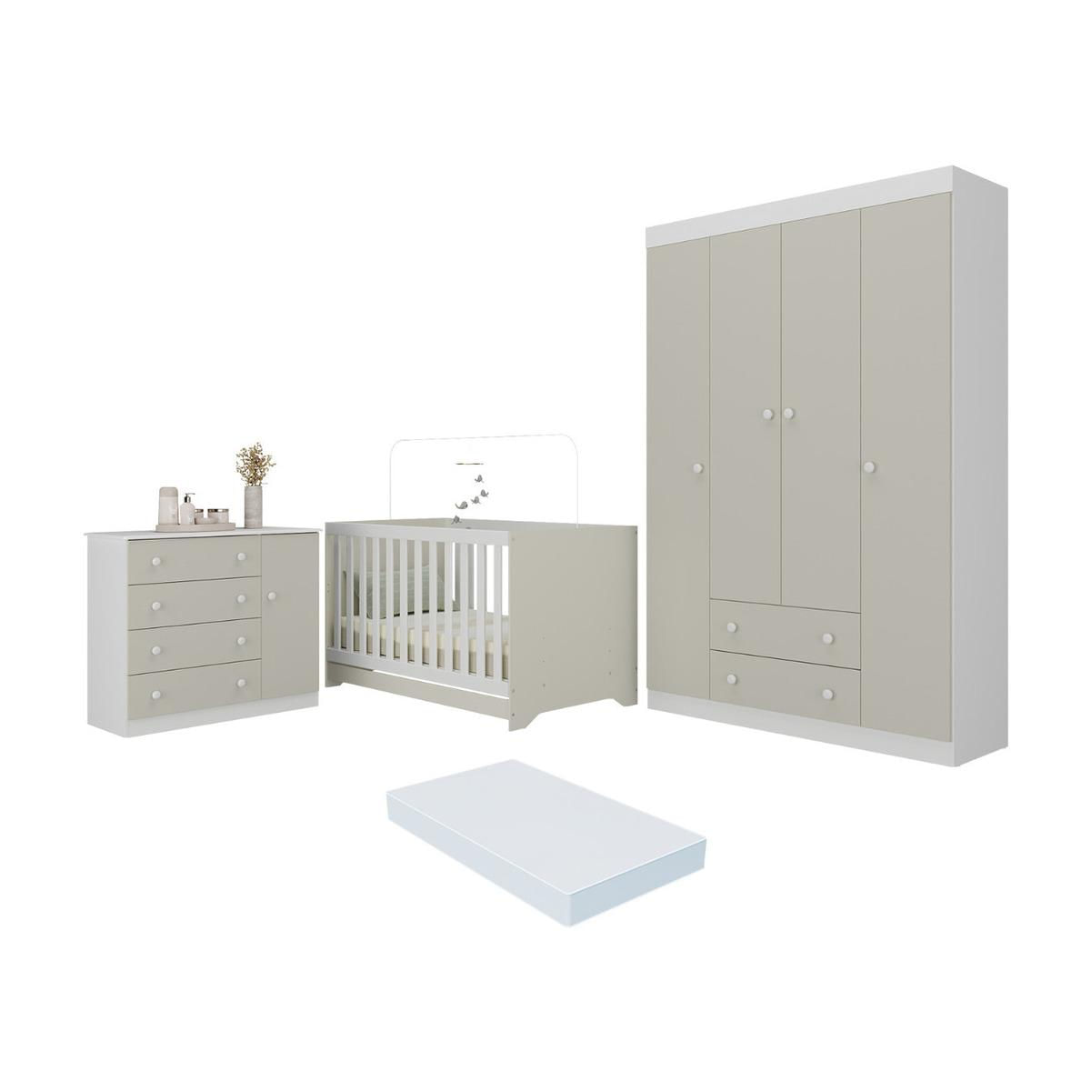 Quarto De Bebê Completo Berço Americano 3 Em 1 Colchão Encanto Multimóveis Mp4597 Branco/off White