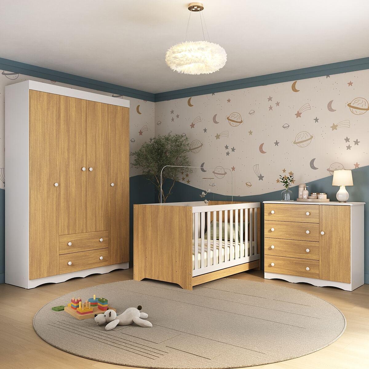 Quarto De Bebê Completo Com Berço Americano 3 Em 1 Realeza Multimóveis Mp4583 Branco/madeirado