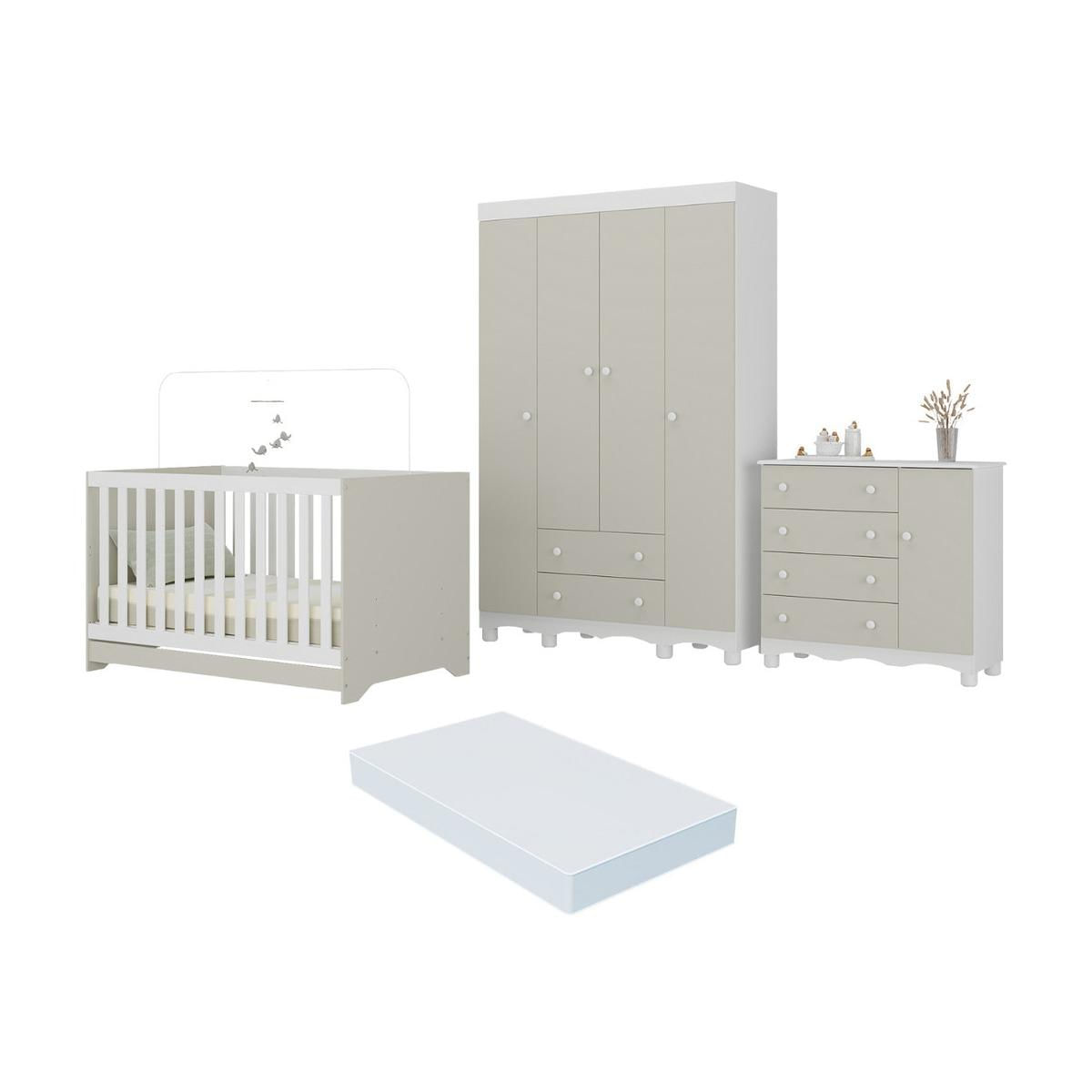 Quarto De Bebê Completo Berço Americano 3 Em 1 Colchão Dengo Multimóveis Mp4600 Branco/off White
