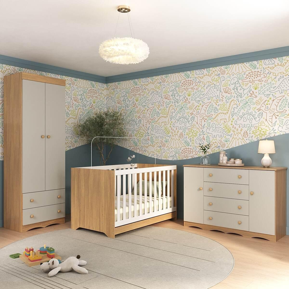 Quarto De Bebê Completo Com Berço Americano 3 Em 1 Realeza Multimóveis Mp4595 Madeirado/off White