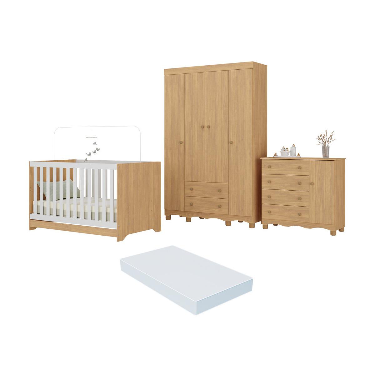 Quarto De Bebê Completo Berço Americano 3 Em 1 Colchão Dengo Multimóveis Mp4600 Madeirado