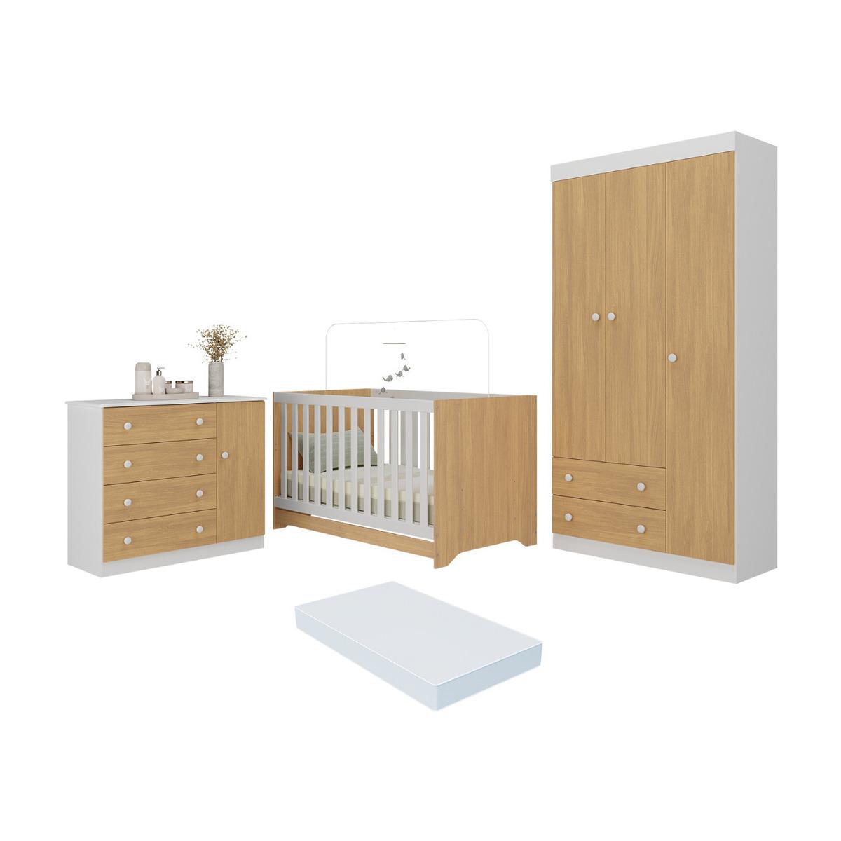 Quarto De Bebê Completo Berço Americano 3 Em 1 Colchão Encanto Multimóveis Mp4605 Branco/madeirado