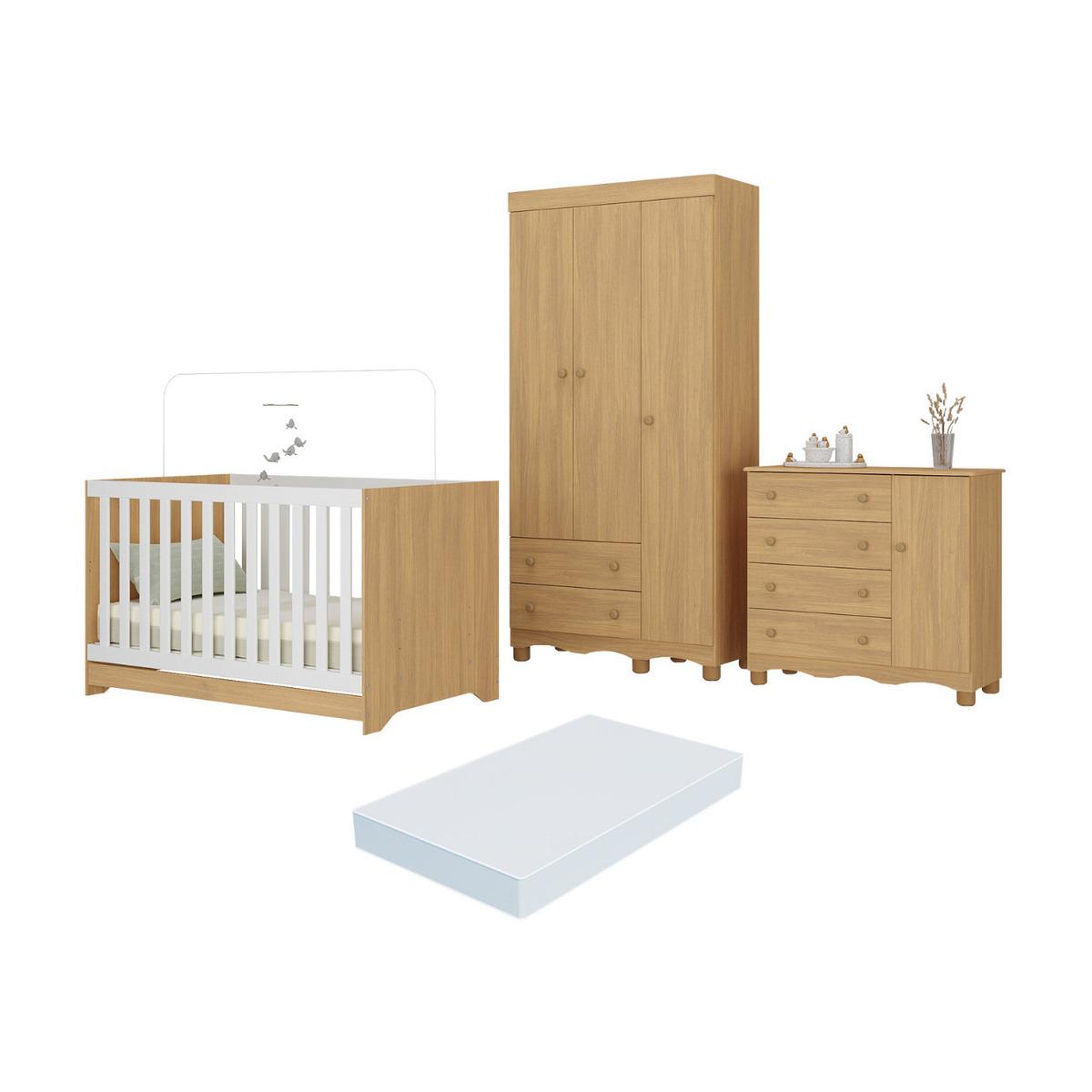 Quarto De Bebê Completo Berço Americano 3 Em 1 Colchão Dengo Multimóveis Mp4608 Madeirado