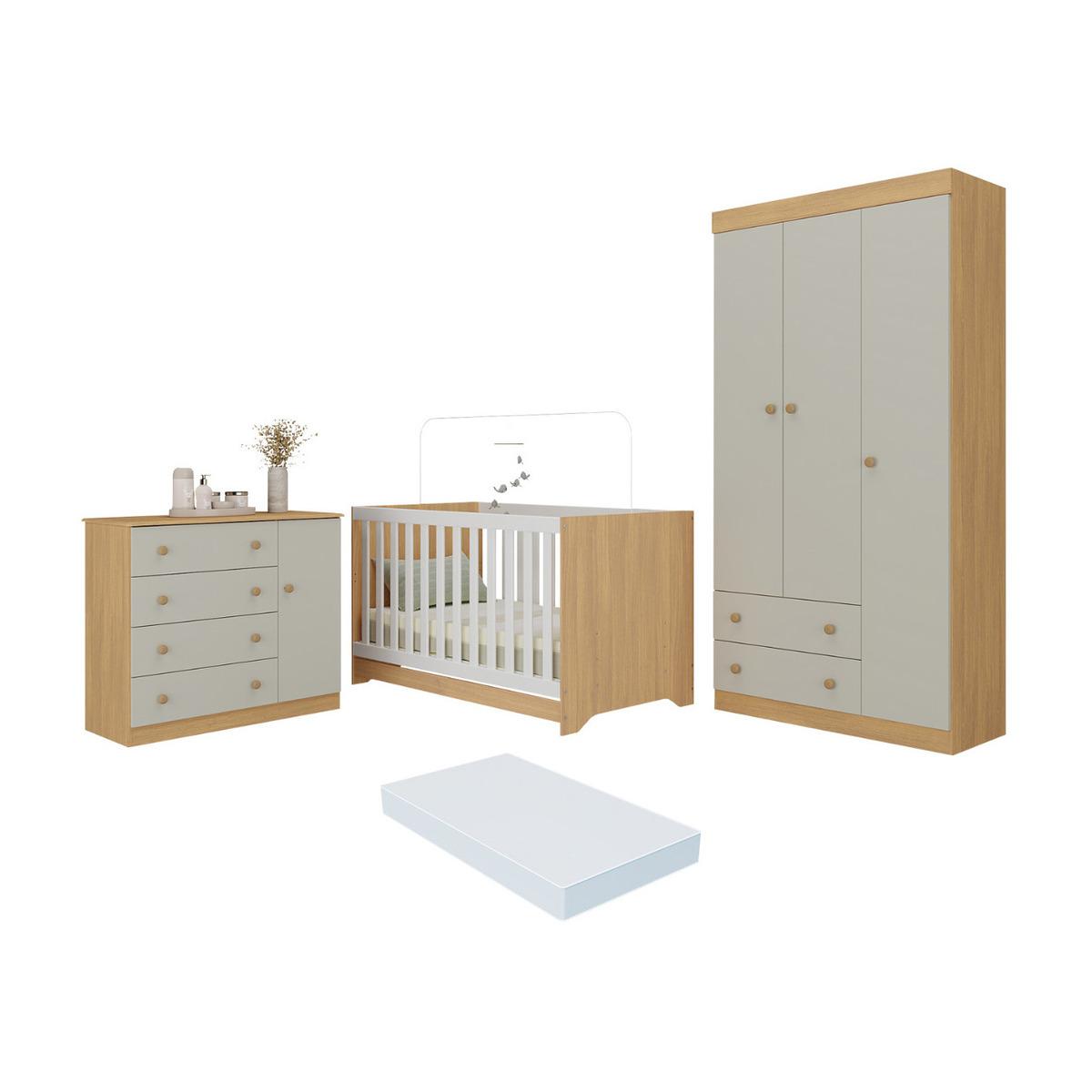 Quarto De Bebê Completo Berço Americano 3x1 Colchão Encanto Multimóveis Mp4605 Madeirado/off White