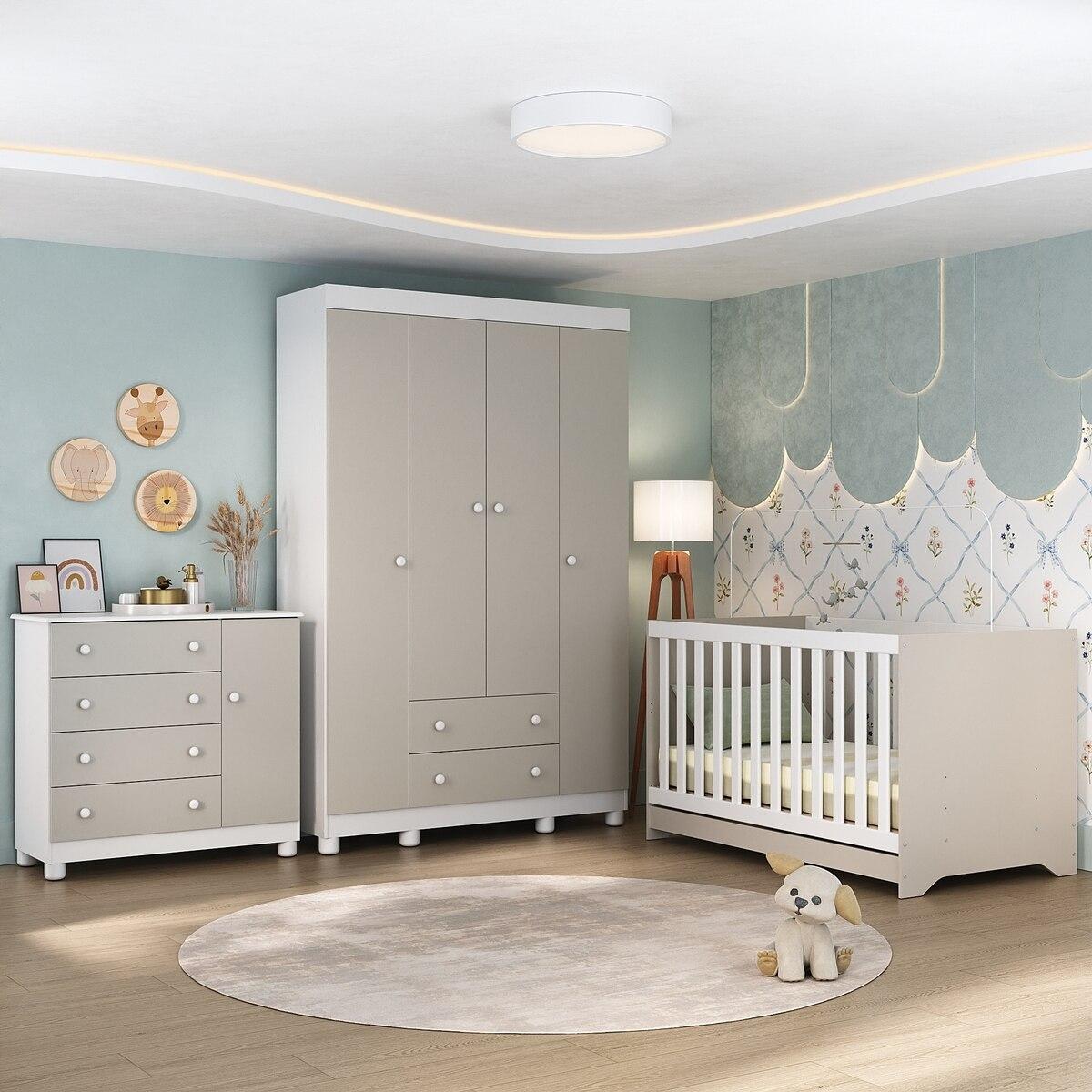 Quarto De Bebê Completo Com Berço Americano 3 Em 1 Allegra Multimóveis Mp4582 Branco/off White