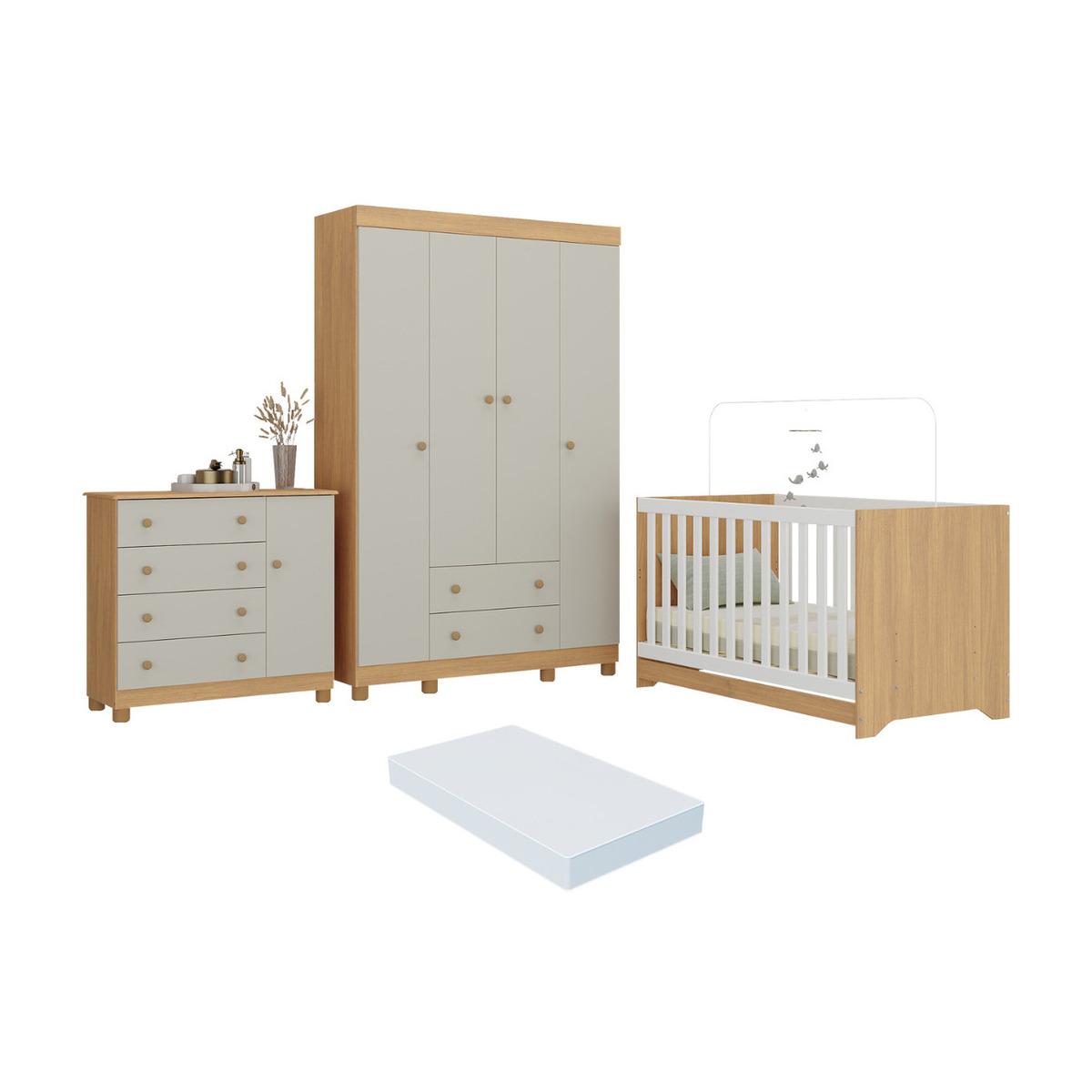 Quarto De Bebê Completo Berço Americano 3x1 Colchão Allegra Multimóveis Mp4598 Madeirado/off White