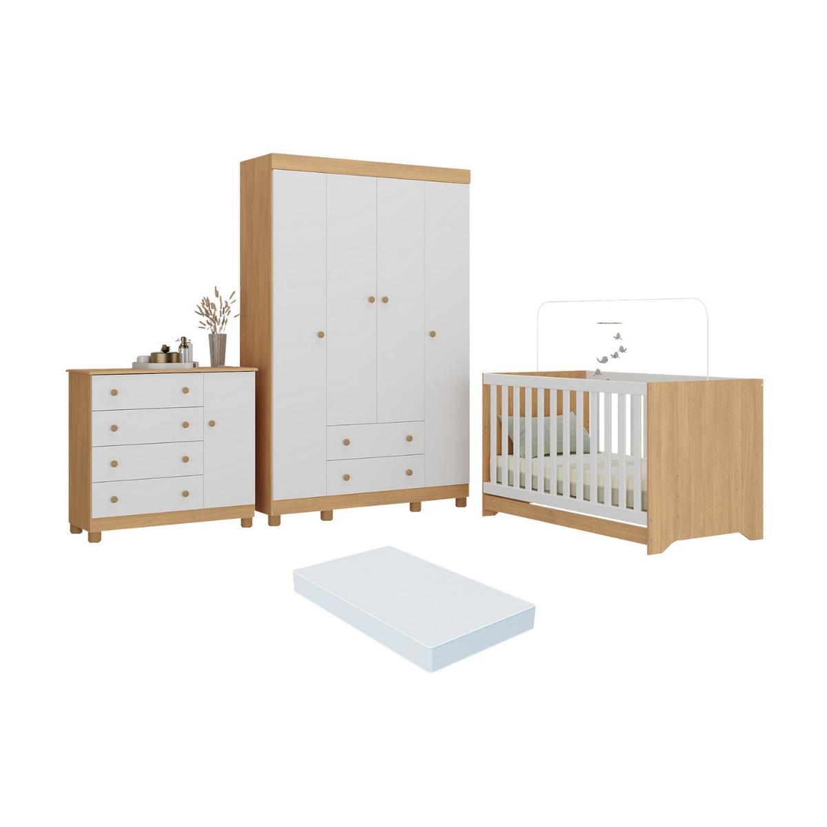 Quarto De Bebê Completo Berço Americano 3 Em 1 Colchão Allegra Multimóveis Mp4598 Madeirado/branco