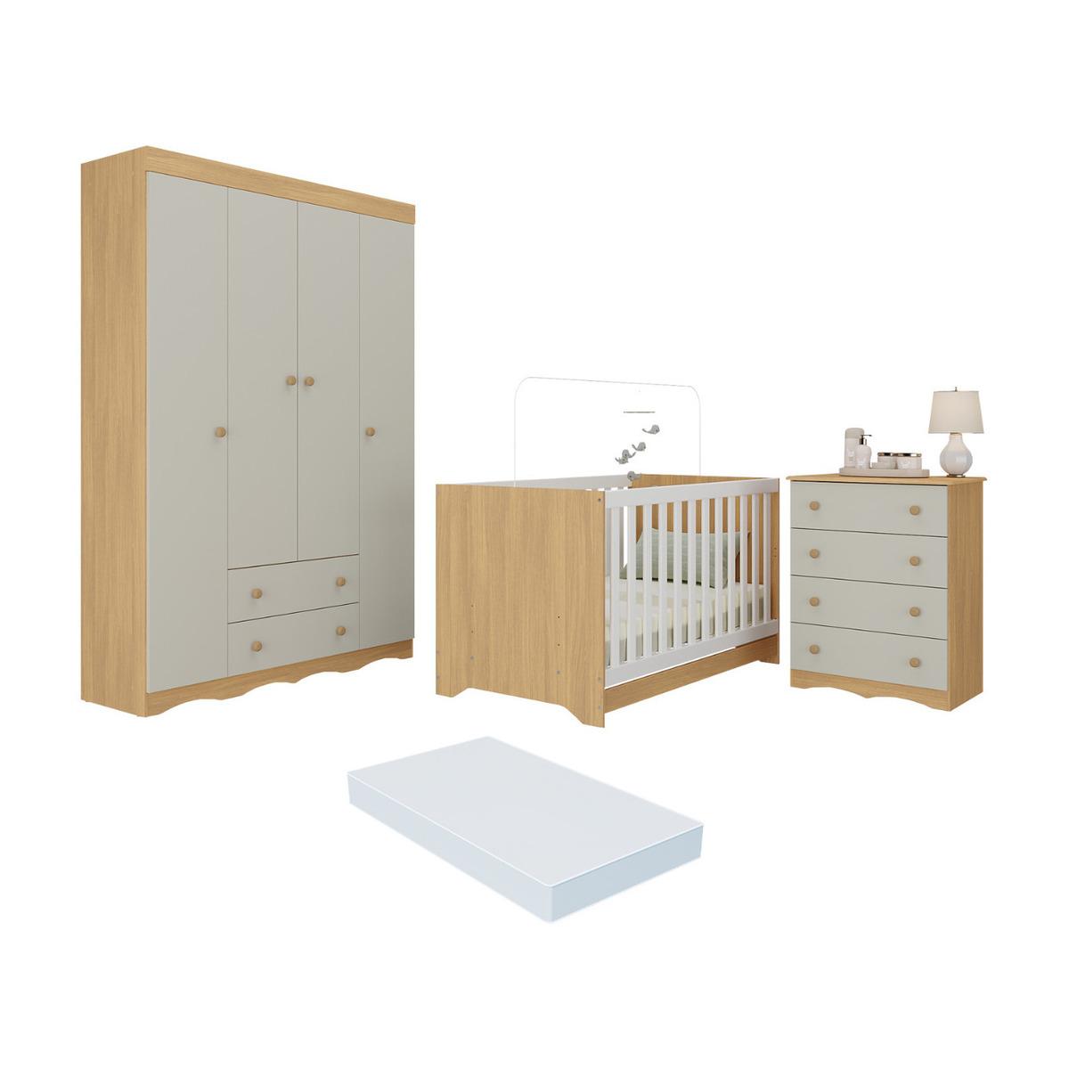 Quarto De Bebê Completo Berço Americano 3x1 Colchão Realeza Multimóveis Mp4603 Madeirado/off White