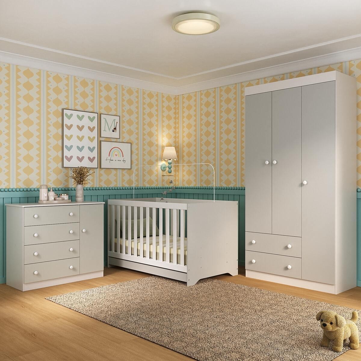 Quarto De Bebê Completo Com Berço Americano 3 Em 1 Encanto Multimóveis Mp4589 Branco/off White